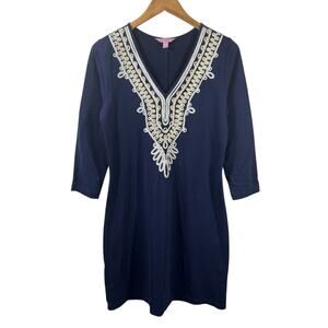 Lilly Pulitzer Dress Women M Blue White Gold Embroidering Shift Modest Preppy